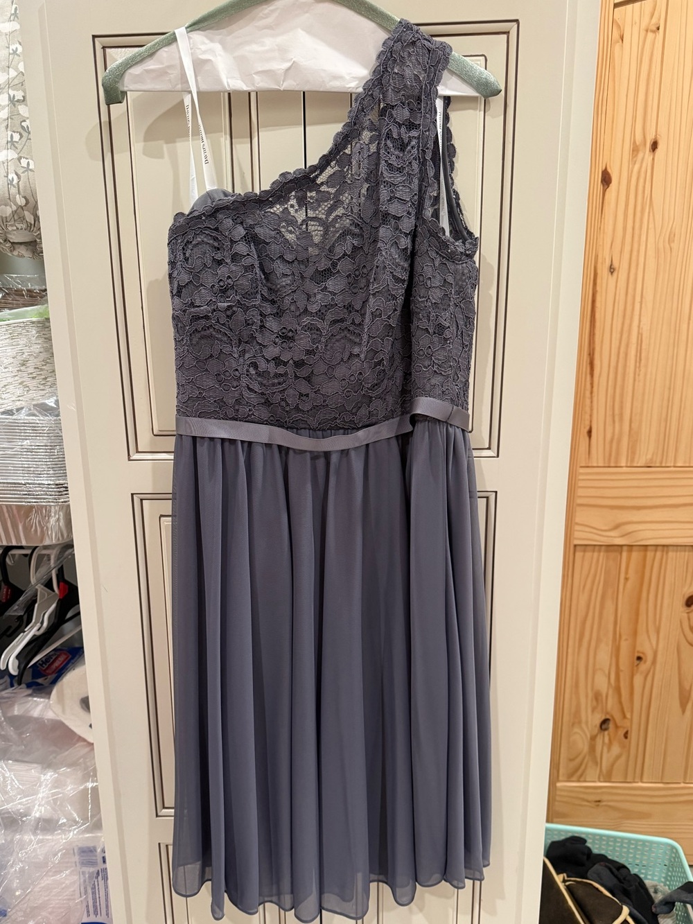 David's Bridal One-Shoulder Lace Bodice Chiffon Dress in Slate